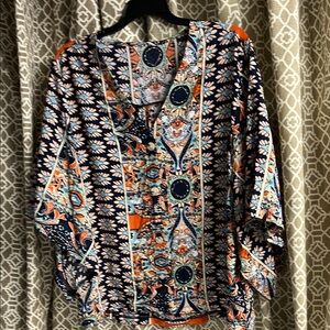 SHEIN Navy and Orange Patterned Blouse